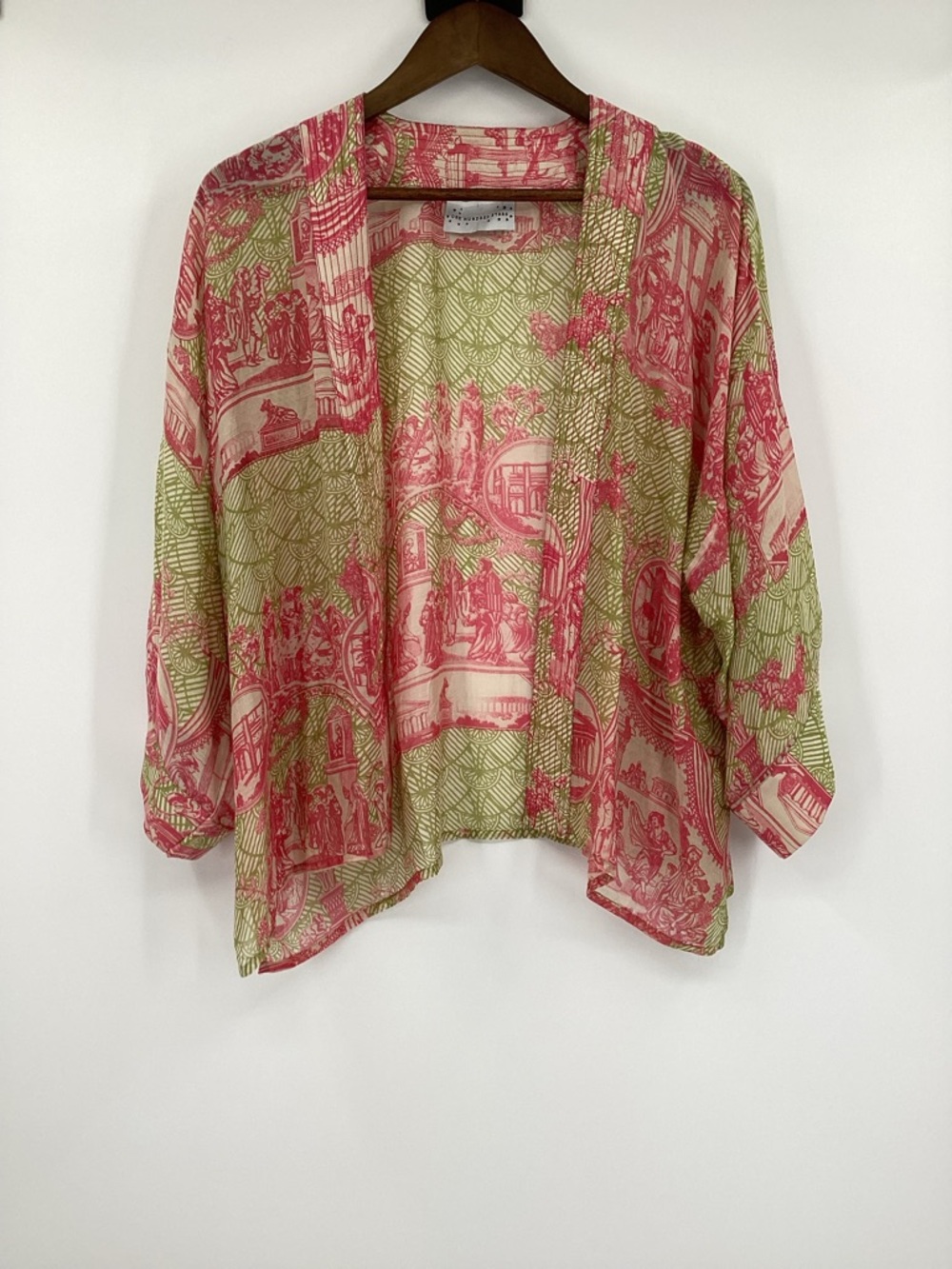 One Hundred Stars Ancient Columns Printed Rachel Kimono Top - Pink & Green - Picture 2 of 8